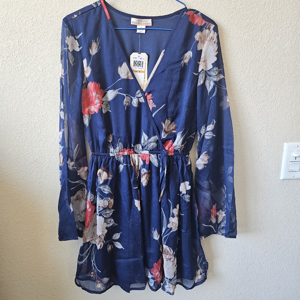 B.O.G. Collective Blue Floral Bell Sleeve Wrap Front Mini Dress
